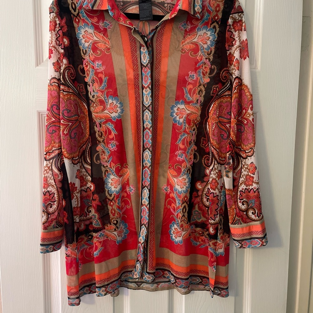 Chico's Red and Brown Graphic Long Sleeve Blouse